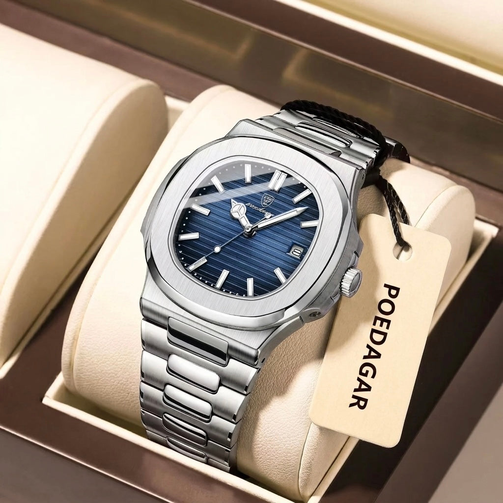 Voltex Sport Square Watch – Stainless Steel, Waterproof, Date Display