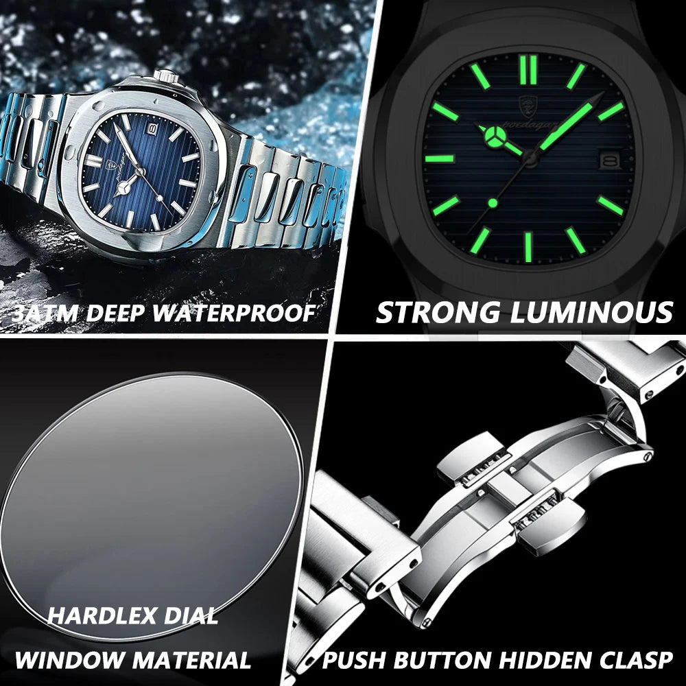 Voltex Sport Square Watch – Stainless Steel, Waterproof, Date Display