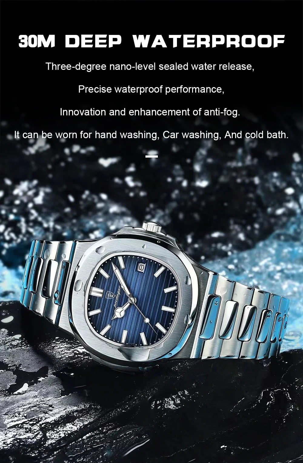 Voltex Sport Square Watch – Stainless Steel, Waterproof, Date Display
