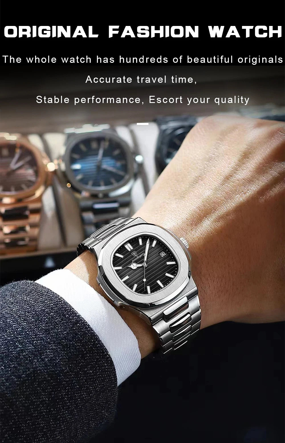 Voltex Sport Square Watch – Stainless Steel, Waterproof, Date Display