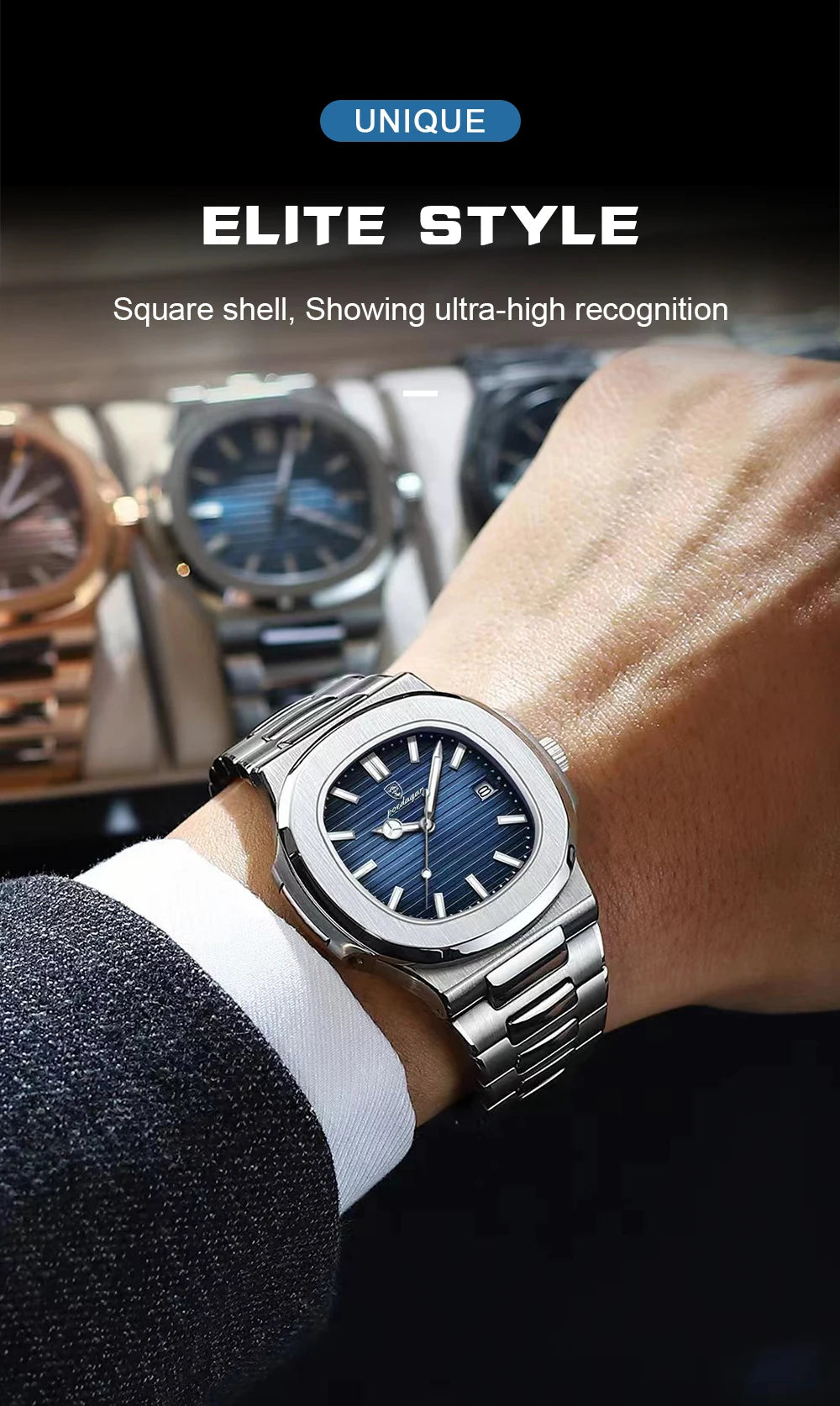 Voltex Sport Square Watch – Stainless Steel, Waterproof, Date Display