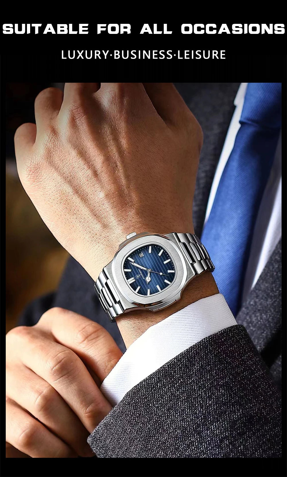 Voltex Sport Square Watch – Stainless Steel, Waterproof, Date Display